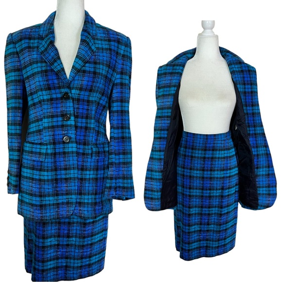 Laurel by ESCADA Plaid Blue Wool 2 Piece Skirt Suit Size 38 - Picture 16 of 16